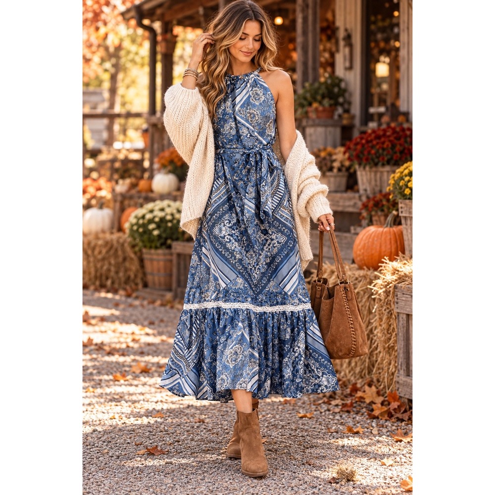 Womens S Blue Paisley Halter Maxi Dress Cotton Boho Western Ruffle Tie Waist